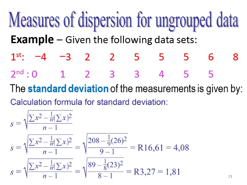 21 Measures of dispersion for ungrouped data The standard deviation of the measurements is